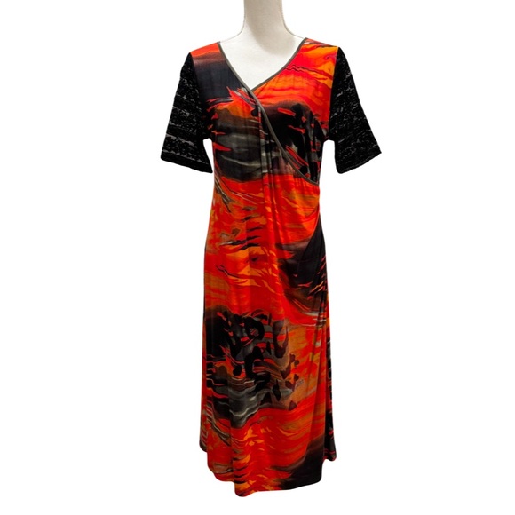 NWT Bleu d’Azur faux wrap midi dress.  Black/red floral. Large - Picture 1 of 7